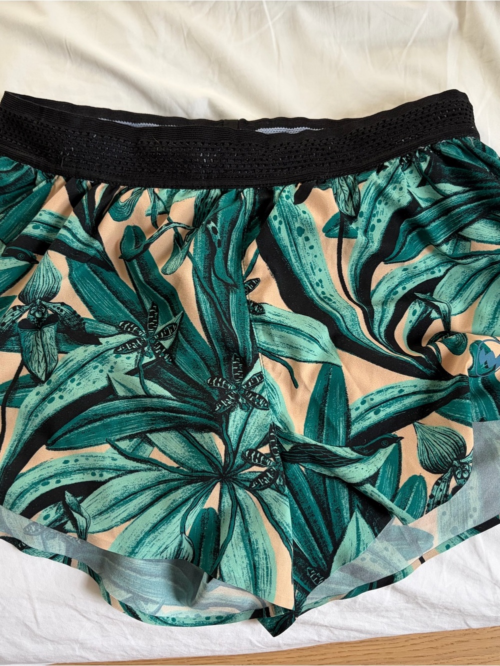Janji Green Tropical Leaf Athletic Shorts with Black Waistband